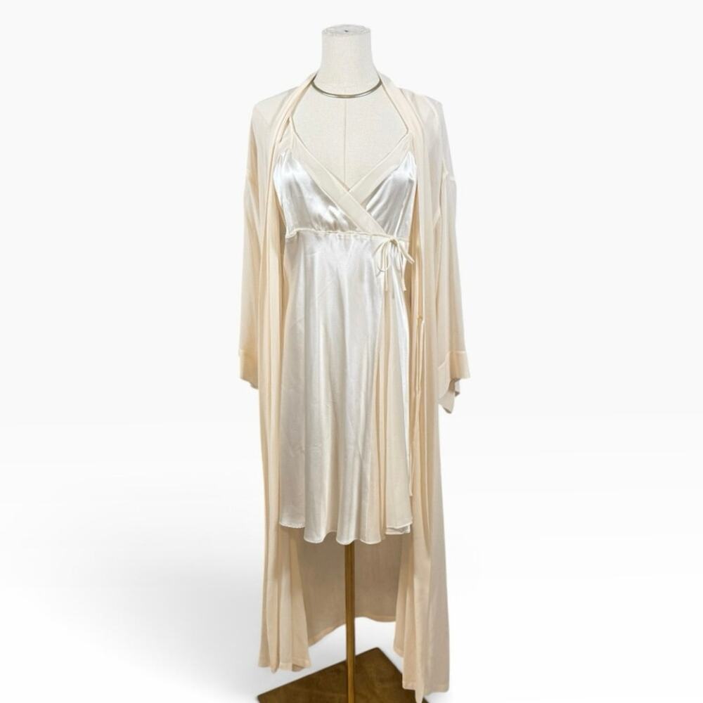 Vintage Neiman Marcus 100% Silk Slip Dress Robe Set Ivory Medium Bridal Luxury